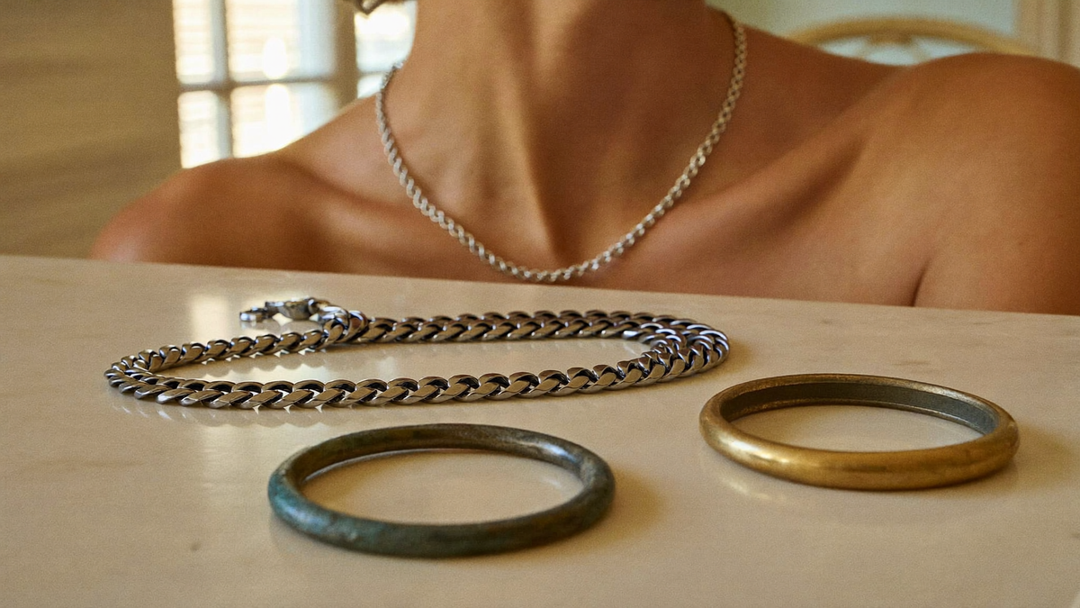 Wasserfester Edelstahlschmuck von byLamari neben einer angelaufenen Silberkette: Edelstahl läuft nicht an