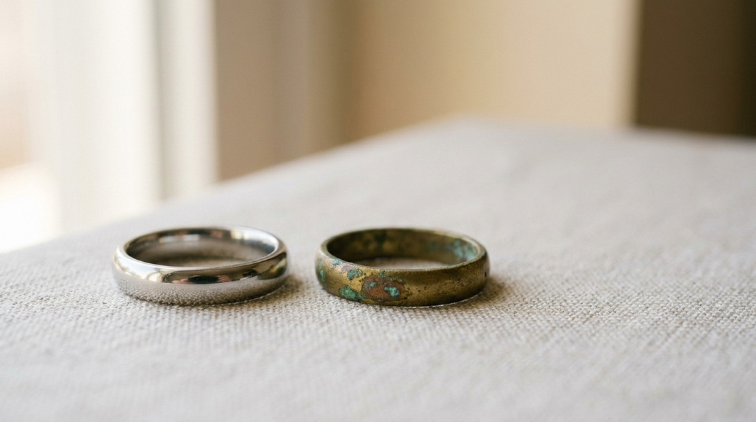 Ring aus 316L Edelstahl neben angelaufenem Modeschmuckring aus Messing: Materialunterschied im Vergleich