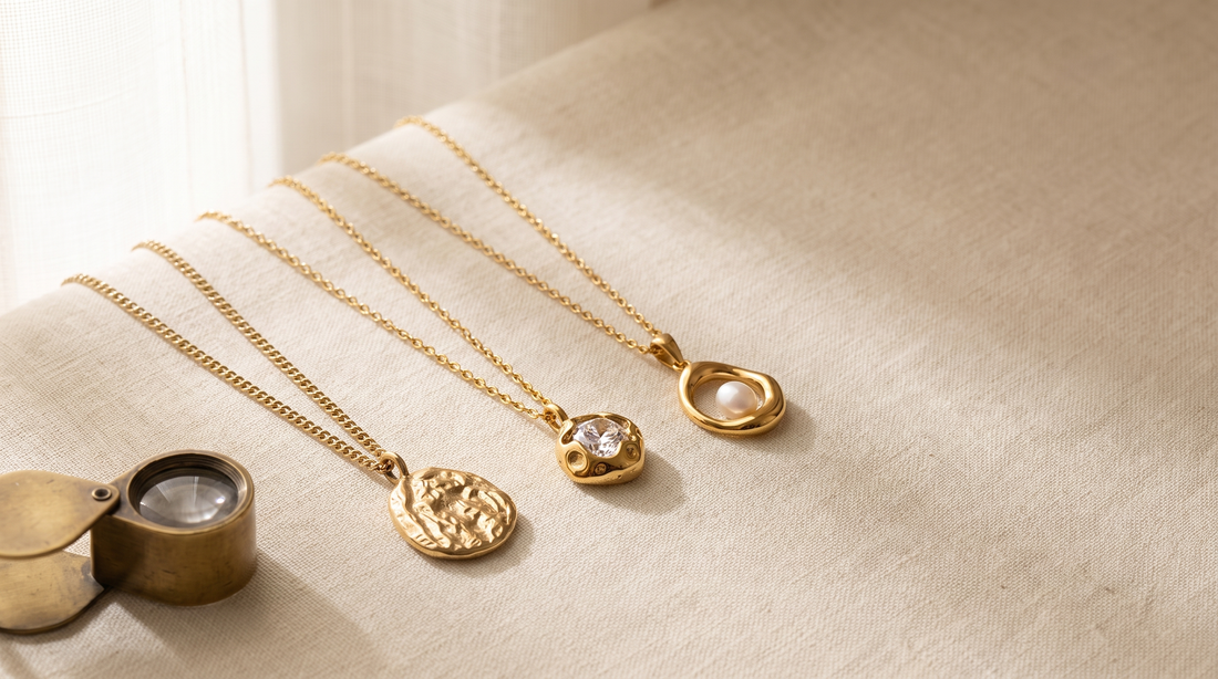 Drei Halsketten aus Edelstahl nebeneinander: glatte Gliederkette mit Coin-Anhänger, Kette mit gefasstem Zirkonia und Kette mit Süßwasserperle