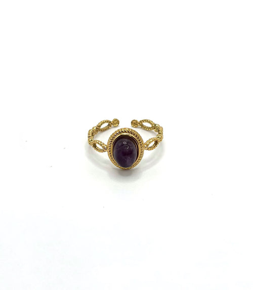 Goldfarbener Amethyst Ring aus Edelstahl – verstellbarer Damenring mit violettem Naturstein